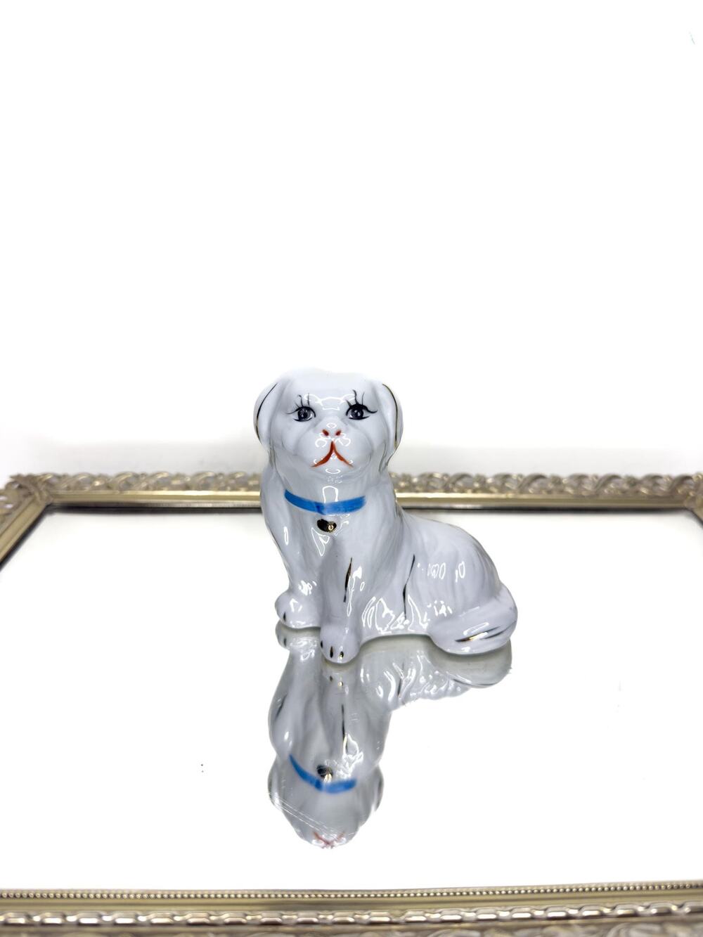Porcelin Antique White Pekingese Dog Sculpture Gold and Blue Decorative Accents